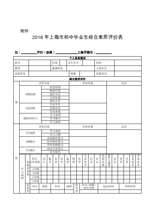 2018年上海初中毕业生综合素质评价表