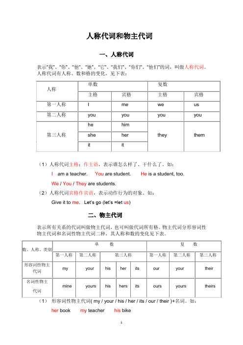 英语中人称代词和物主代词的表格