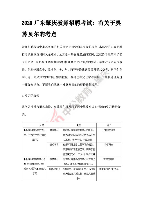 2020广东肇庆教师招聘考试：有关于奥苏贝尔的考点
