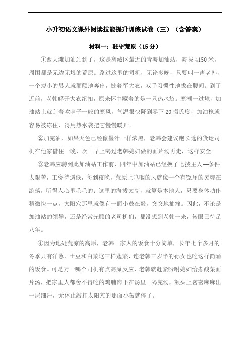 统编版小升初语文课外阅读技能提升训练试卷(三)(含答案)