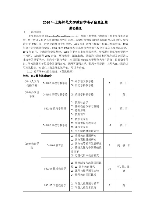 2016年上海师范大学教育学考研信息汇总