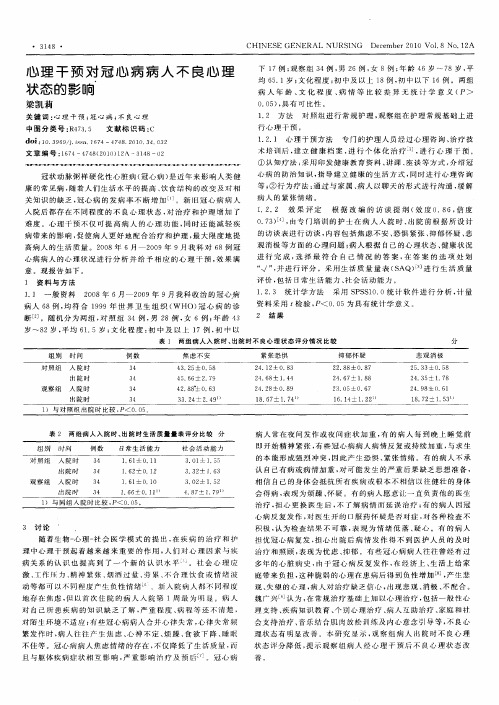 心理干预对冠心病病人不良心理状态的影响