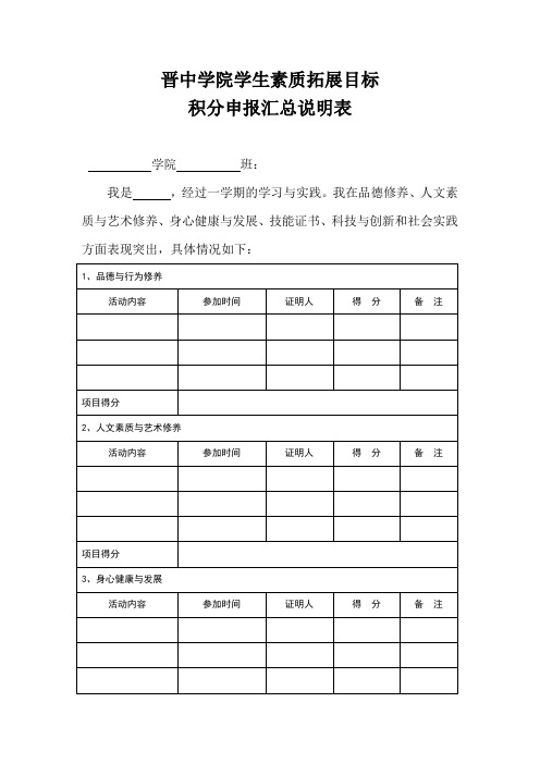 晋中学院学生素质拓展目标积分申报汇总说明表模板