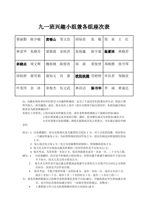 九一班兴趣小组兼各组座次表