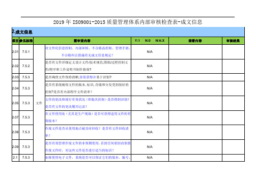 2019年ISO9001-2015质量管理体系内部审核检查表-成文信息