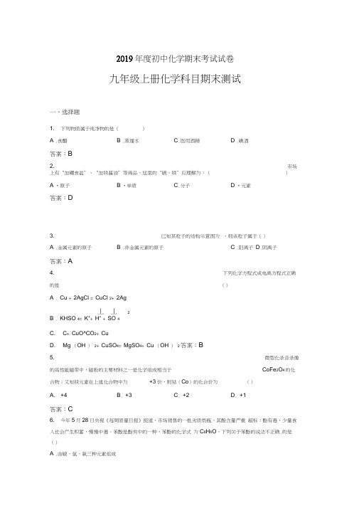 2019年九年级上册化学科目期末测试HJ