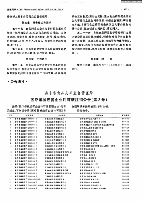 山东省食品药品监督管理局医疗器械经营企业许可证注销公告(第2号)
