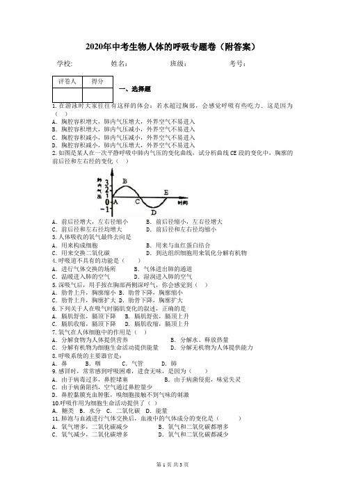 2020年中考生物人体的呼吸专题卷(附答案)