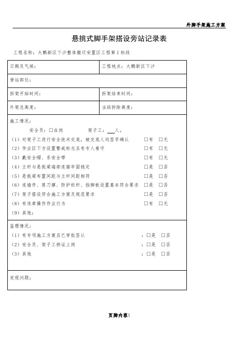 悬挑外脚手架旁站记录表