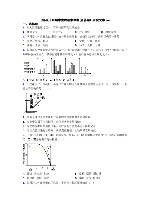 七年级下册期中生物期中试卷(带答案)-百度文库doc