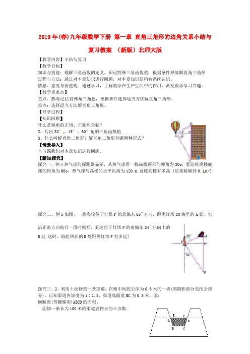 2019年(春)九年级数学下册 第一章 直角三角形的边角关系小结与复习教案 (新版)北师大版.doc