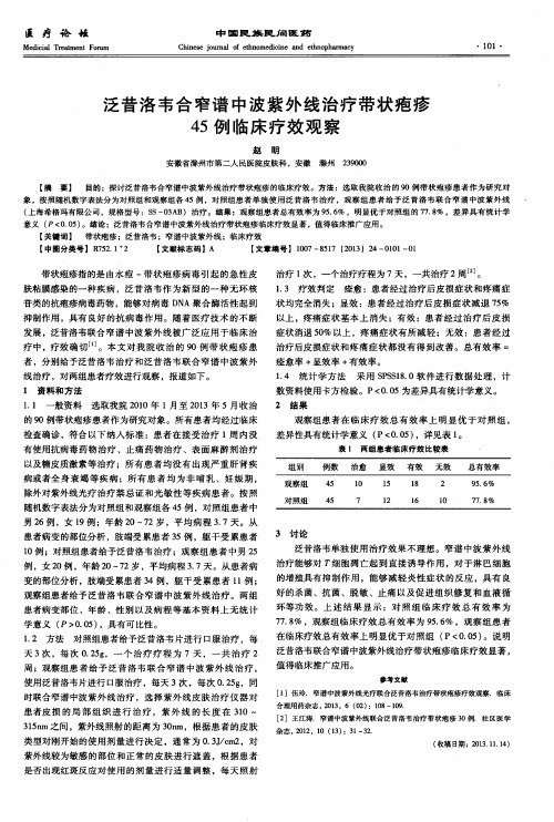 泛昔洛韦合窄谱中波紫外线治疗带状疱疹45例临床疗效观察