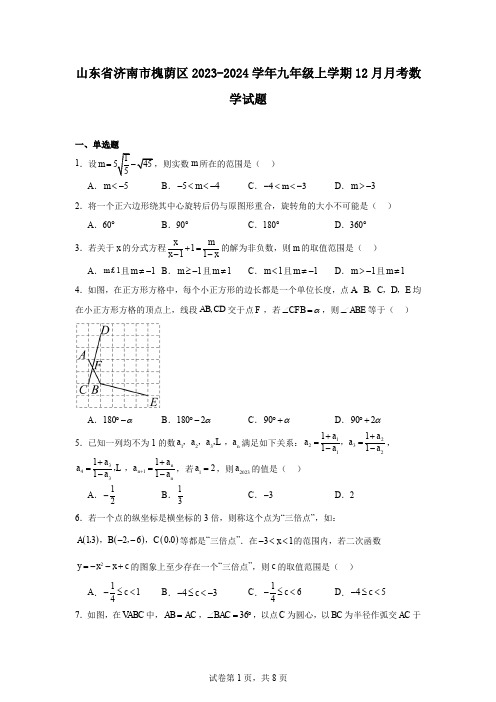 山东省济南市槐荫区2023-2024学年九年级上学期12月月考数学试题