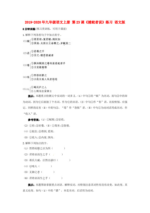 2019-2020年九年级语文上册 第23课《捕蛇者说》练习 语文版