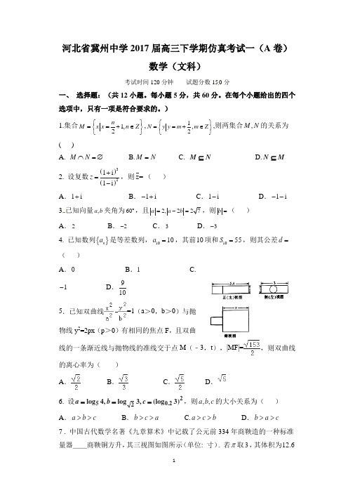 河北省冀州中学2017届高三下学期仿真考试一(A卷)(文数)