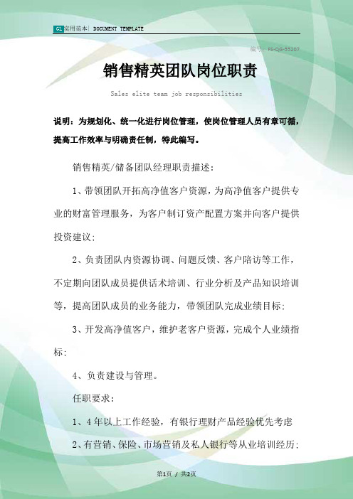 销售精英团队岗位职责范本