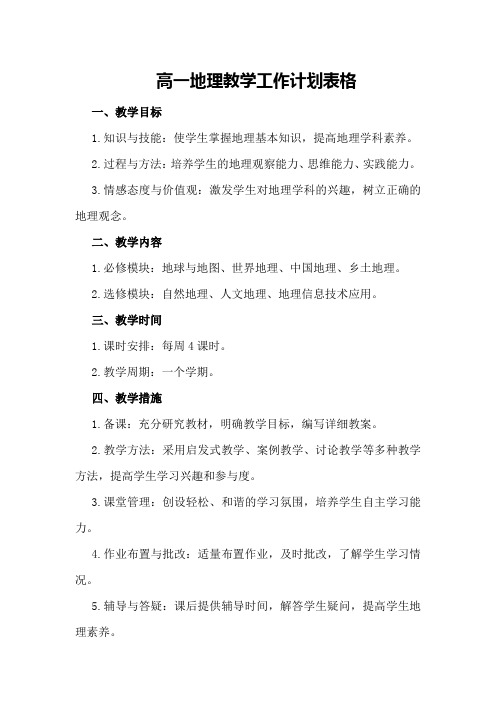 高一地理教学工作计划表格