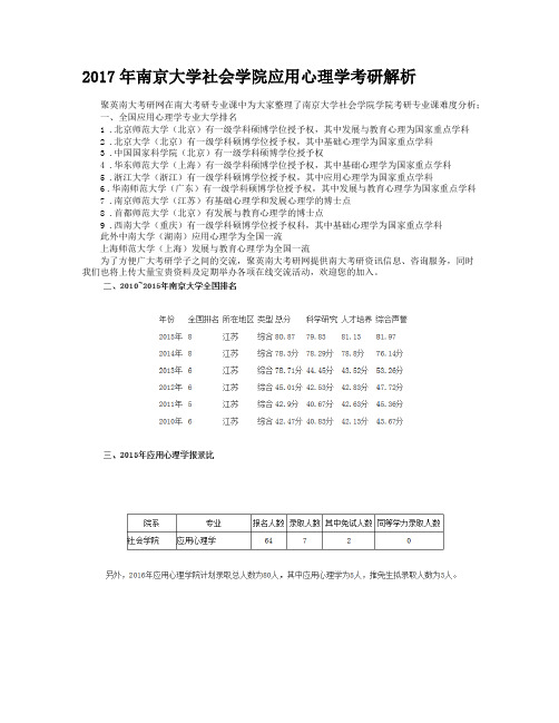 2017年南京大学社会学院应用心理学考研解析