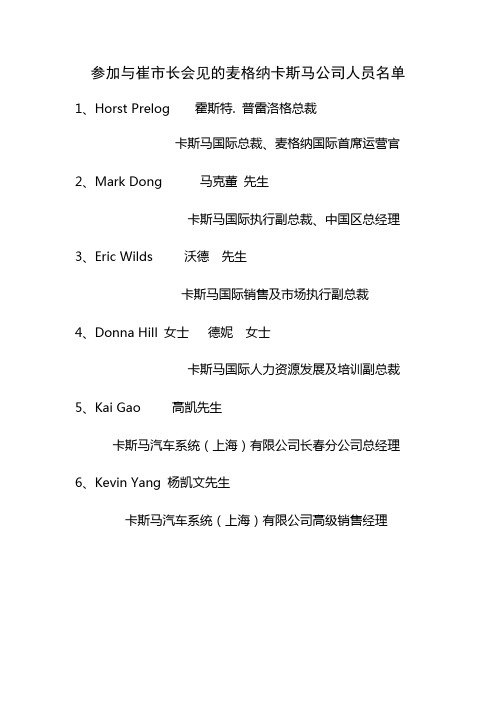 参加与崔市长会见的麦格纳卡斯马公司人员名单
