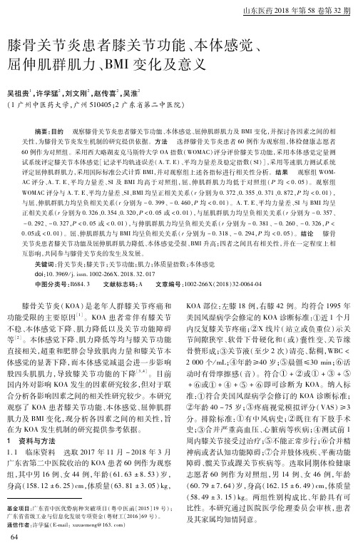 膝骨关节炎患者膝关节功能、本体感觉、屈伸肌群肌力、BMI变化及意义
