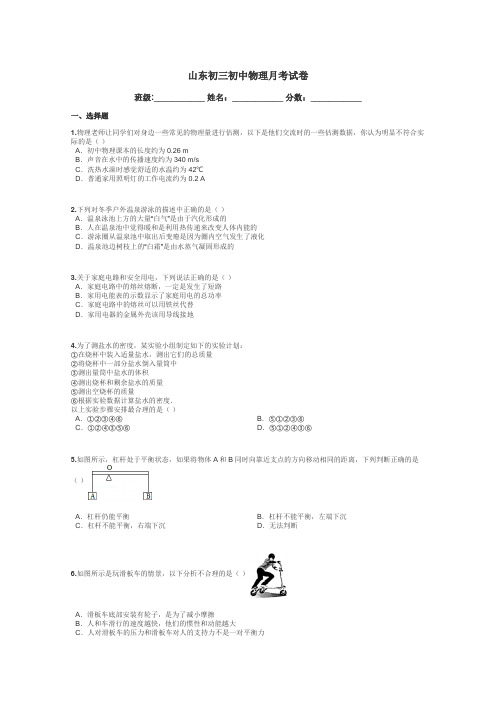 山东初三初中物理月考试卷带答案解析
