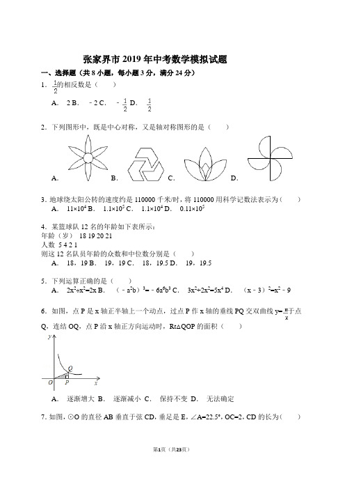 张家界市2019年中考数学模拟试题