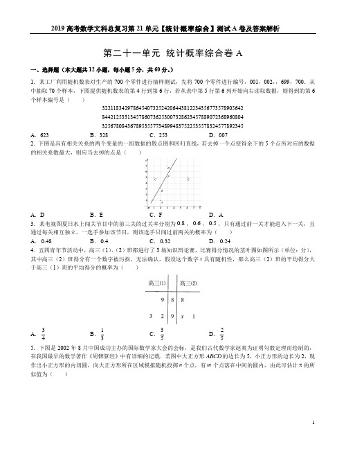 2019高考数学文科总复习第21单元【统计概率综合】测试A卷及答案解析