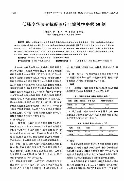 低强度华法令抗凝治疗非瓣膜性房颤60例