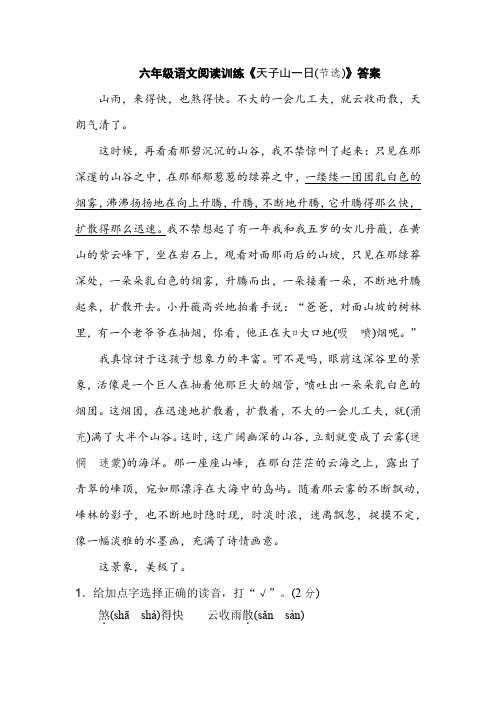 六年级语文阅读训练《天子山一日(节选)》答案