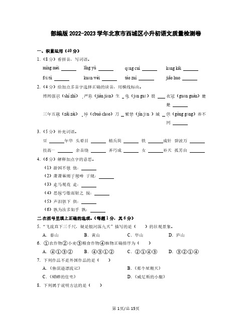 部编版2022-2023学年北京市西城区小升初语文质量检测卷(含解析)