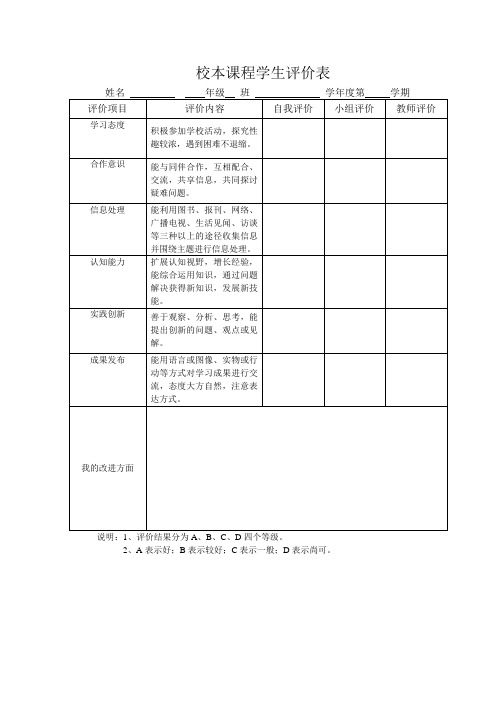 学生校本课程评价表