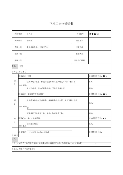 中船重工研究所条件保障处下料工岗位说明书