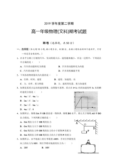海南省文昌中学2019学年高一下学期期末考试物理(文)试卷(1)