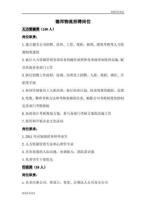 德邦物流招聘岗位 .doc