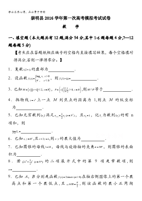 上海市崇明县2017届高三第一次模拟考试数学试题  含答案