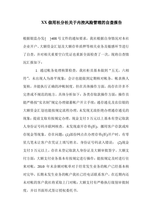 信用社分社关于内控风险管理的自查报告