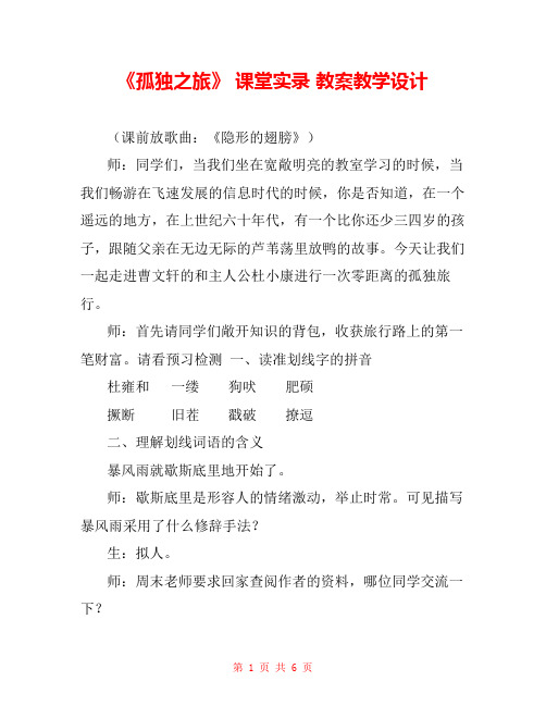 《孤独之旅》 课堂实录 教案教学设计 