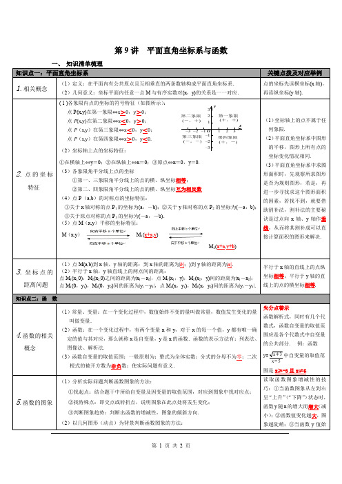 中考数学知识点梳理第9讲 平面直角坐标系与函数