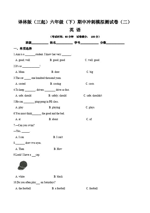 《期中冲刺卷》译林版(三起)小学六年级英语下册期中模拟测试精题二(含答案与解析)
