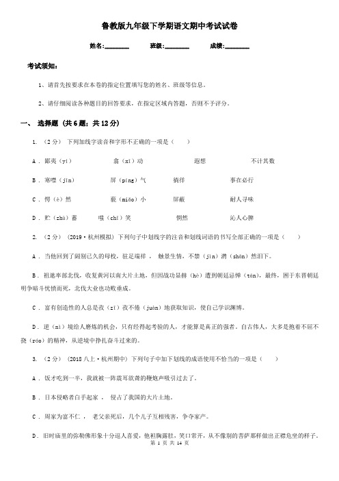 鲁教版九年级下学期语文期中考试试卷(模拟)