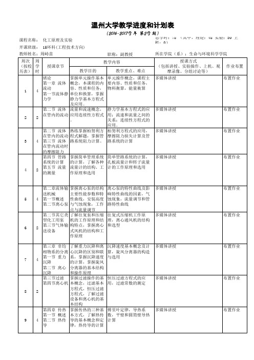 化工原理及实验教学进度和计划表