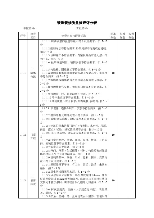 装饰装修质量检查评分表 装饰装修质量检查表