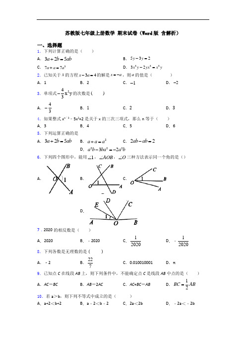 苏教版七年级上册数学 期末试卷(Word版 含解析)