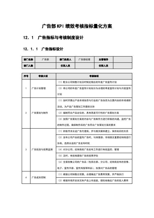 广告部KPI绩效考核指标量化方案