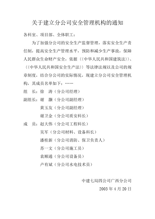 关于建立分公司安全管理机构的通知