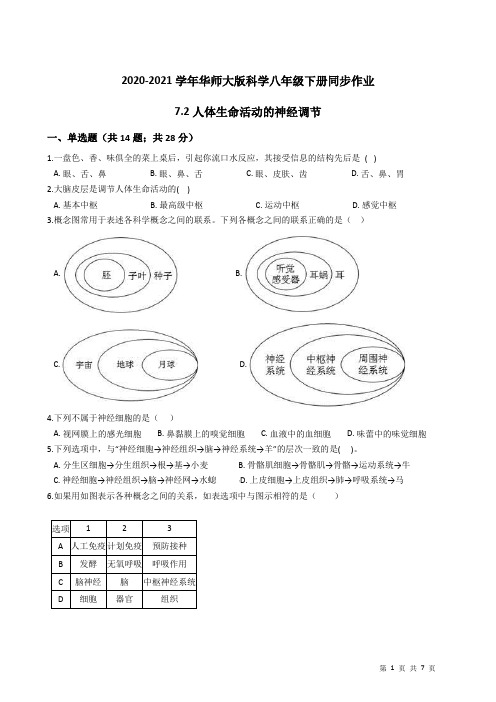 2020-2021学年华东师大版科学八年级下册同步作业7.2人体生命活动的神经调节
