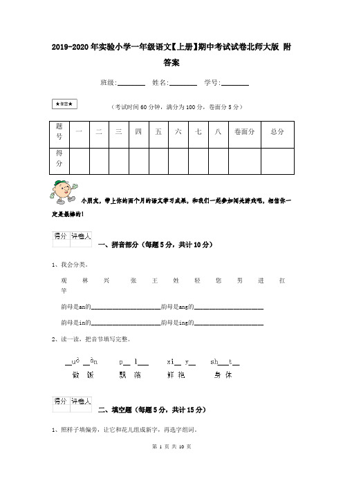 2019-2020年实验小学一年级语文【上册】期中考试试卷北师大版 附答案