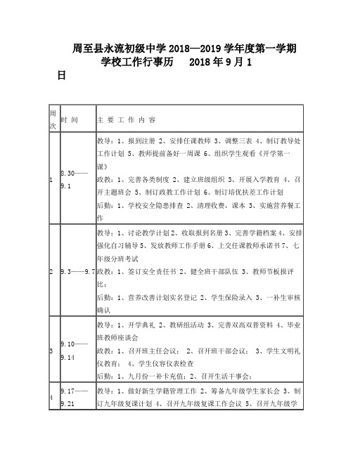 2018—2019学年度第一学期工作行事历