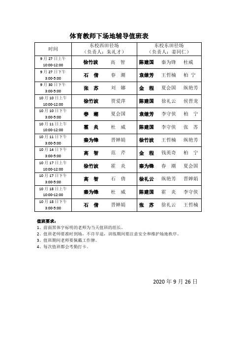 体育教师下场地辅导值班表