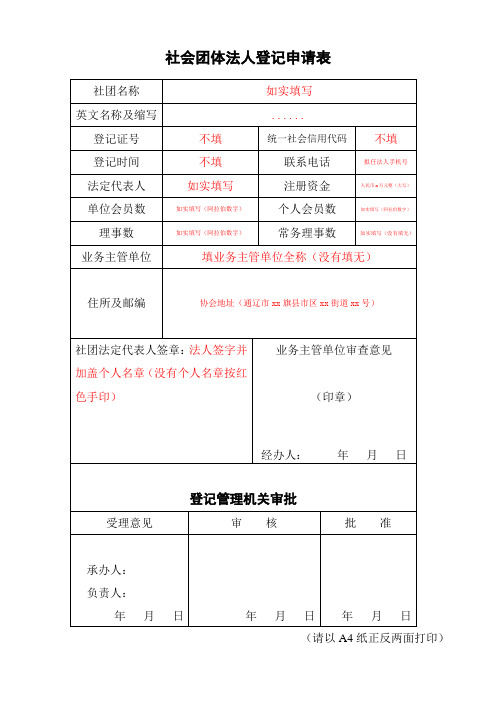 社会团体法人登记申请表
